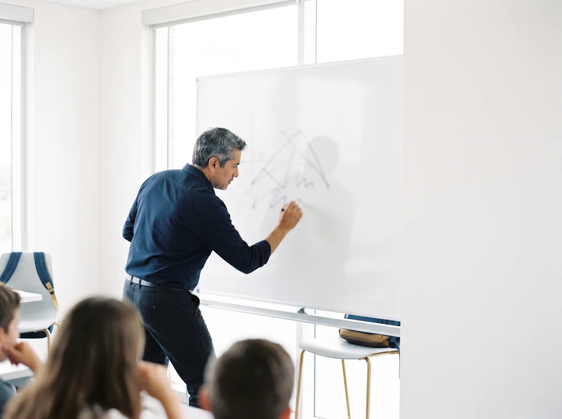 Profesor de matemáticas explicando en el pizarrón