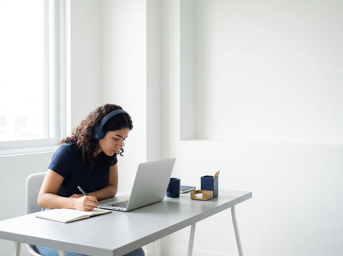 Estudiante con audífonos practicando comprensión auditiva para el TOEFL
