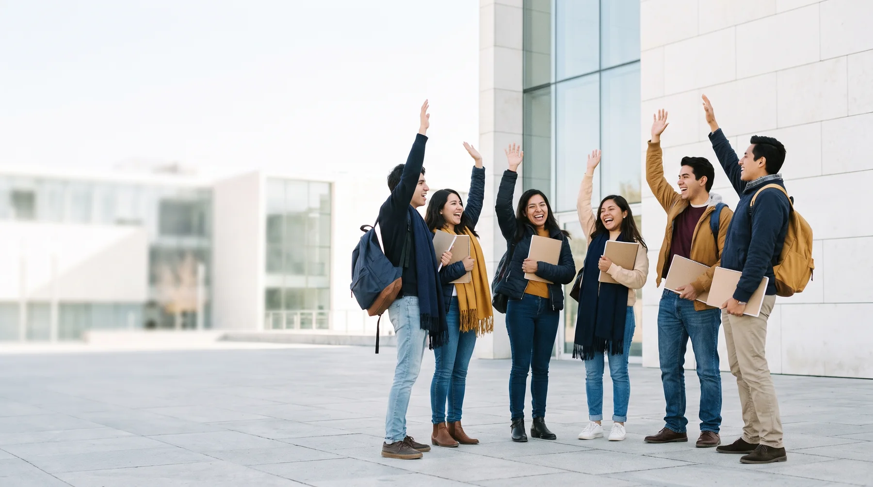 Grupo de estudiantes celebrando sus resultados frente a la universidad